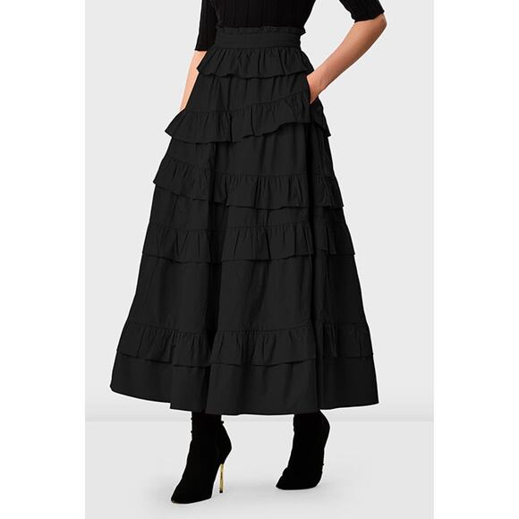 Wayward Fancies Asymmetric Ruffle Tier Cotton Poplin Skirt Black Size M - Picture 1 of 12